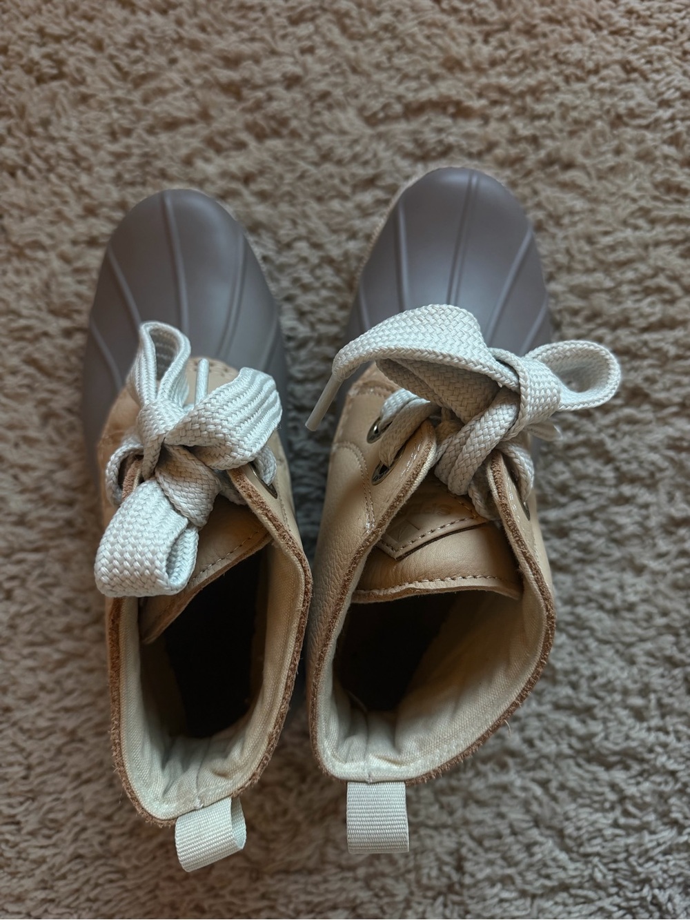 Sperry Beige and Gray Duck Boots with White Laces